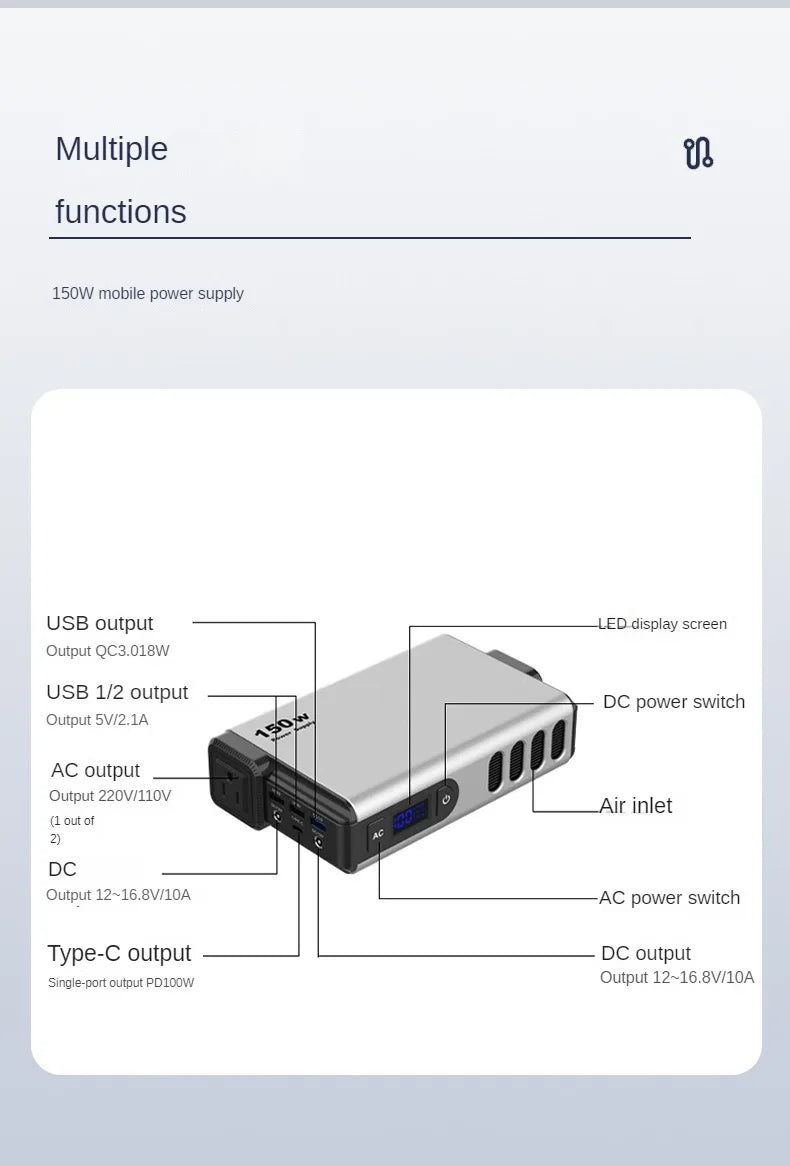 150W Portable Outdoor Power Bank 32000mAh External Battery Pack Fast Charger mobile power station energy storage battery AC DC