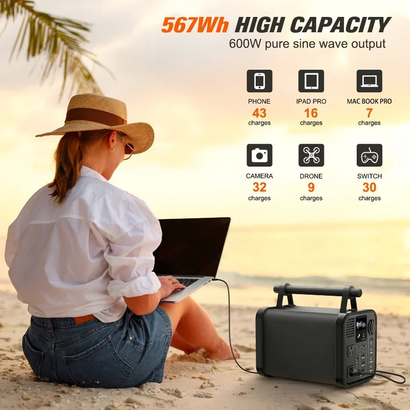 600W Portable Power Station, 567Wh solar power generator 157500mAh Pure Sine Wave AC Outlet Outdoor Emergency Mobile Power Bank